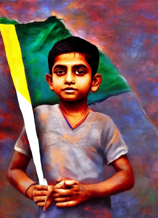 Image similar to a young indian boy holding an indian flag, backlit, oil painting, art, cinematic