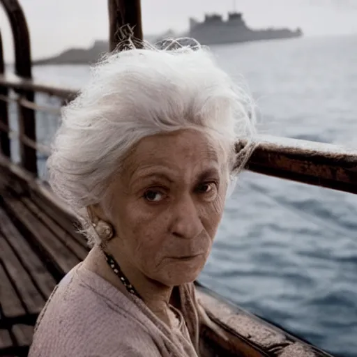 Prompt: old woman from the movie titanic with white hair leaning over the railing of a ship and throwing a copy of jumanji overboard, scene from titanic movie, film still, medium shot, dimly lit by moonlight at night