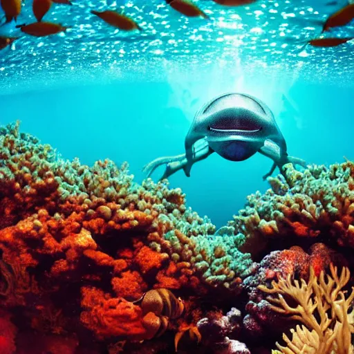 Prompt: an underwater photo of an alien swimming in a coral reef