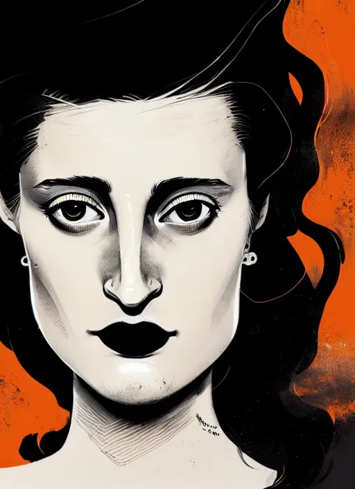 Image similar to highly detailed closeup portrait of beautiful grace gummer as dom dipierro, wavy ginger hair, black dress, by atey ghailan, by greg rutkowski, by greg tocchini, by james gilleard, by joe fenton, by kaethe butcher, gradient orange, black and white color scheme, grunge aesthetic!!! ( ( graffiti tag wall background ) )