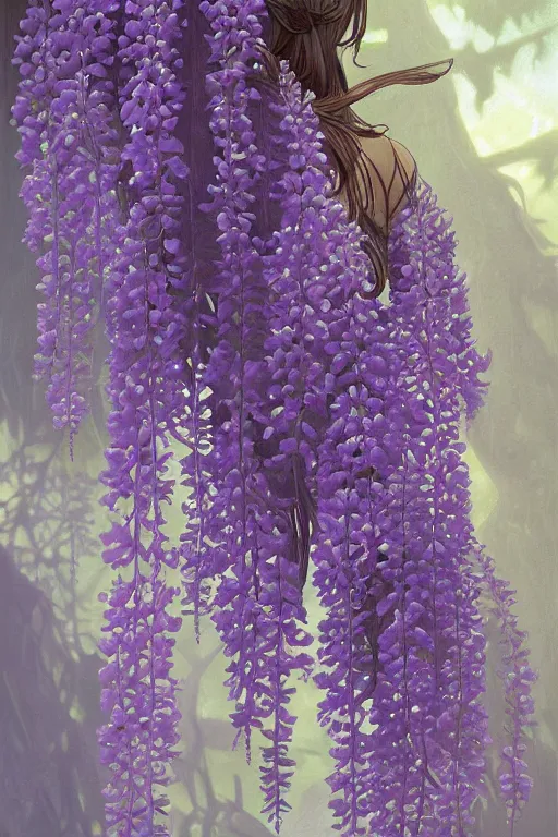 Prompt: Wisteria plant isolated on a black background, D&D, fantasy, highly detailed, digital painting, artstation, concept art, sharp focus, illustration, art by artgerm and greg rutkowski and alphonse mucha