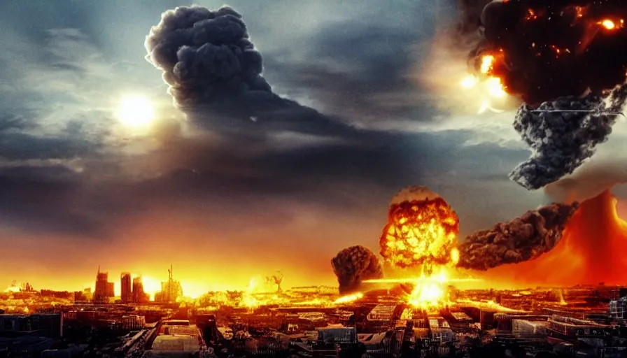 Image similar to big budget action movie about a nuclear explosion destroying a city