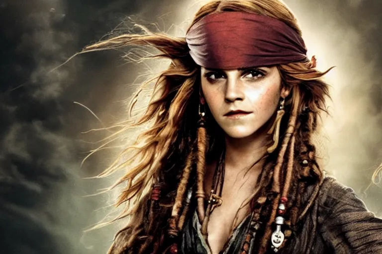 Prompt: promotional image of Emma Watson as a pirate in Pirates of the Caribbean: The Curse of the Black Pearl (2003 film), detailed face, movie still, promotional image, imax 70 mm footage