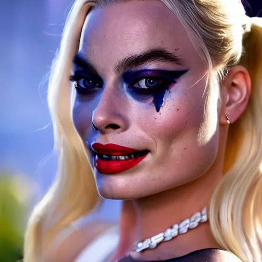 Image similar to a beautiful medium - shot of margot robbie as harley quinn looking for into the distance, beautiful backlight, focus on her face, bokeh, by terry richardson