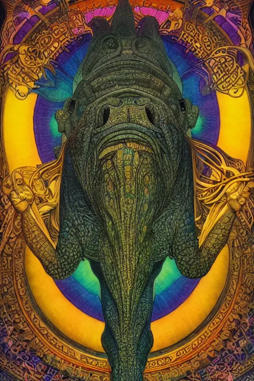 Prompt: beautiful crocodile head god by maxfield parrish, mandala, coherent design, symmetrical, vivid colors, digital watercolor ink illustration painting, complementary color, golden ratio, detailed, sharp lines, sharp focus, intricate, rainbowshift, artgerm, gustave dore, alphonse mucha, octane render