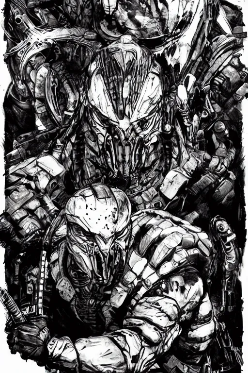 Image similar to predator illustrated by yoji shinkawa, science fiction horror action, ink, digital painting, highly detailed, trending on artstation, sharp focus, illustration, concept art, norman rockwell