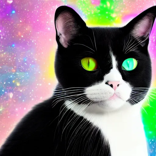 Image similar to Portrait of a beautiful black and white cat wearing tuxedo in space with colorful bright green eyes, medium shot, hd, 8k, hyper-realism, detailed, octane 8k,