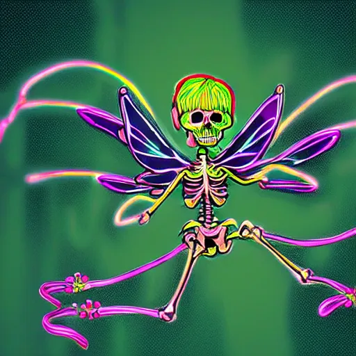 Prompt: the skeleton of a fairy is ribbon dancing on a thorny vine. the ribbon is neon green, synthwave