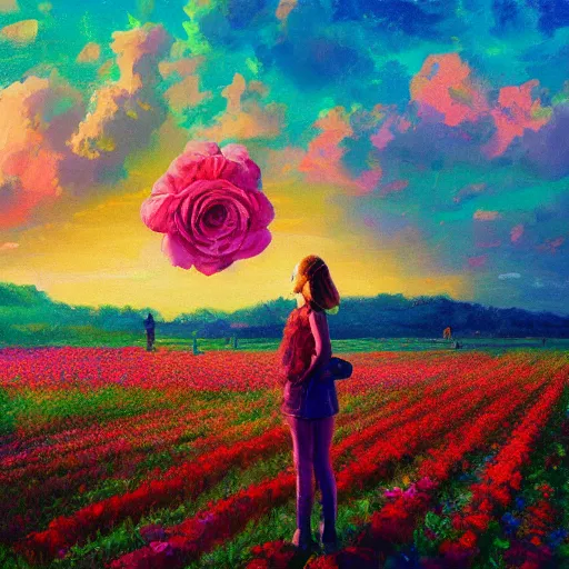 Prompt: large rose head, girl standing in a flower field, surreal photography, sunrise dramatic light, impressionist painting, colorful clouds, digital painting, artstation, simon stalenhag