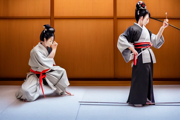 Prompt: beautiful photo of a young modern geisha samurai practising the sword in a traditional japanese temple, mid action swing, symmetrical face, beautiful eyes, huge oversized sword, award winning photo, muted pastels, action photography, 1 / 1 2 5 shutter speed, dramatic lighting, anime art style