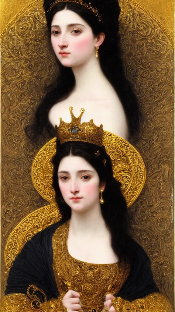 Image similar to painting portrait of a beautiful black haired woman with pale skin and a crown on her head sitted on an intricate metal throne, intricate, elegant, digital painting, smooth, sharp focus, shiny gold, realistic gold, realistic metal, by william - adolphe bouguereau and gustav klimt,