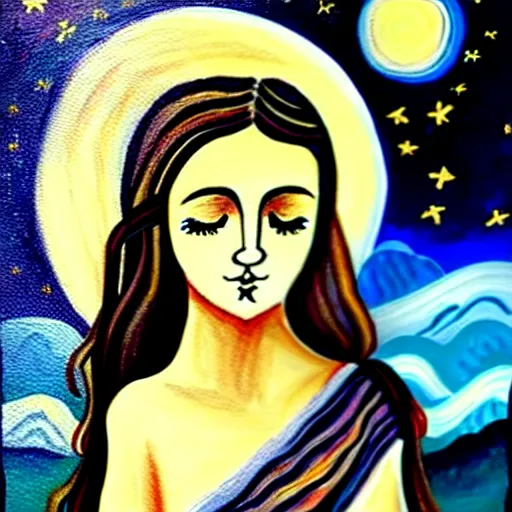 Image similar to beautiful ancient greek girl dreaming of galaxies, painting