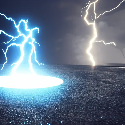 Prompt: a diamond on a stone platform getting struck by blue lightning, cinematic lighting, unreal engine render