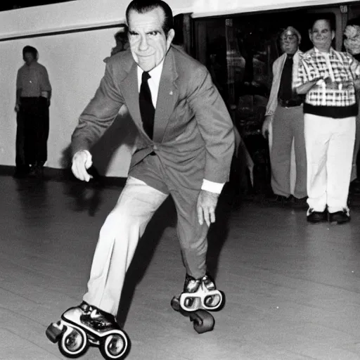 Prompt: President Nixon wearing roller skates, roller-skating in a Mexican restaurant, award-winning front-page newspaper photograph, grainy,