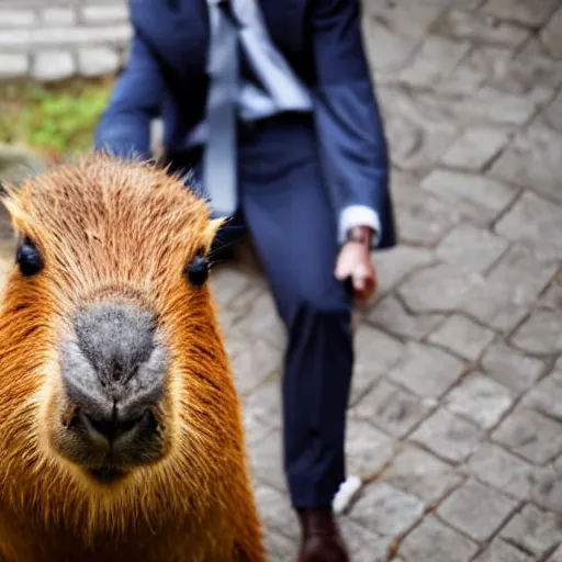 Image similar to a high detail photo of an antropomorphic capybara wearing a suit, subject= duck, subject detail: wearing a suit, photorealism