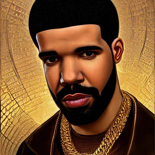 Image similar to highly detailed portrait of drake wearing a gold crown and gold chains, realistic portrait, symmetrical, highly detailed, digital painting, artstation, concept art, smooth, sharp focus, illustration, cinematic lighting, art by artgerm and greg rutkowski and alphonse mucha