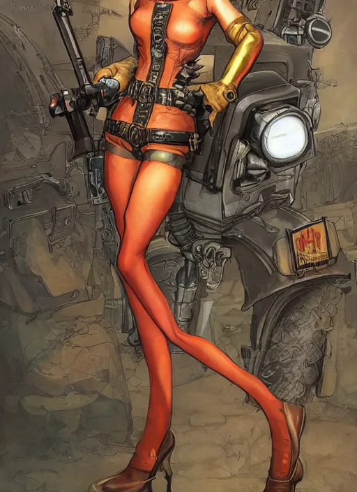 Prompt: 8K, realistic ginger Lady Mechanika in a Comic Book cover, holding a shotgun, and wearing victorian goggles in a ultradetailed Steampunk scenary, smooth, sharp focus, illustration. Art by Artgerm and Peter Andrew Jones and Pete Tapang and Alina Ivanchenko and Hirokazu Yokohara and Kago Shintaro. Trending on artstation, featured in Deviantart, Wallhaven Wallpaper, sharp focus, D&D, detailed, intricate, cinematic lighting,