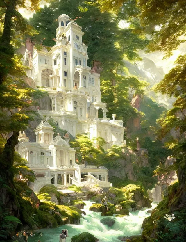 Prompt: beautiful white castle in a mountain forest valley, beautiful landscape, lush foliage, painted by karl kopinsky, john singer sargent, tom bagshaw, norman rockwell, alfonso muha, lolish, trending on artstation