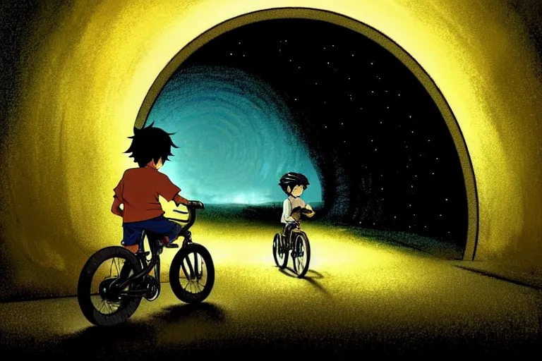 Prompt: a boy riding his bike alone through a tunnel at night, high intricate details, rule of thirds, golden ratio, cinematic light, anime style, graphic novel by fiona staples and dustin nguyen, by beaststars and orange, peter elson, alan bean, studio ghibli, makoto shinkai