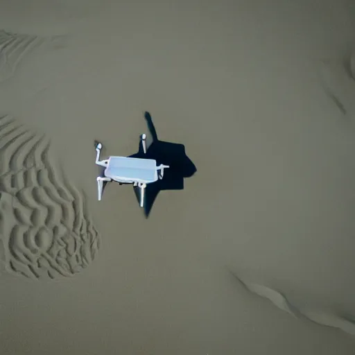 Image similar to photograph of a low polygon drone flying above sand,