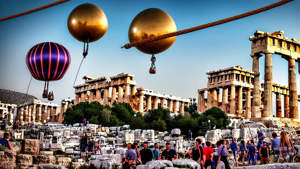 Image similar to large colorful futuristic space age metallic steampunk steam - powered balloons with pipework and electrical wiring around the outside, and people on rope swings underneath, flying high over the beautiful ancient athens acropolis landscape, professional photography, 8 0 mm telephoto lens, realistic, detailed, photorealistic, photojournalism