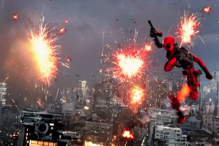 Image similar to militarily helicopter firing missiles and Deadpool leaps off smashes through high rise window, explosions, by Michael Bay