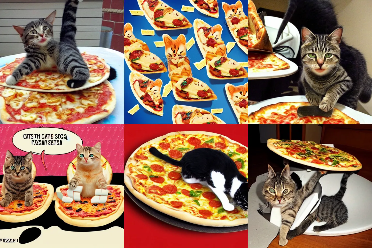 Prompt: cats surfing on pizzaslices