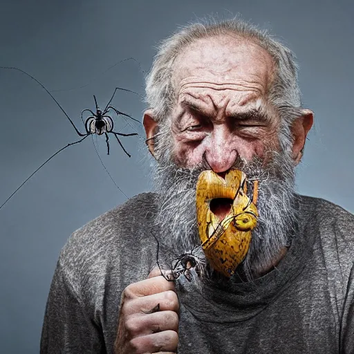 Image similar to National Geographic photo of angry old man with spiders in his mouth