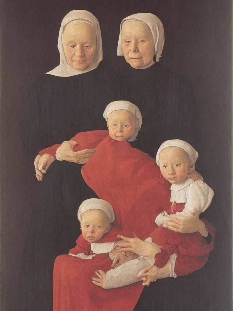 Prompt: portrait of a old woman holding a younger woman on her lap, that holds another, even younger woman, holding a girl holding a baby. painting by jan van eyck, rene magritte.