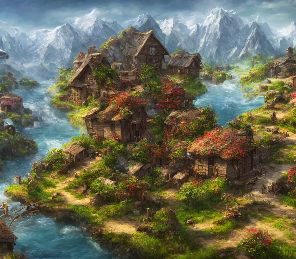 Prompt: Idyllic Svanetian village in Georgia, realistic fantasy matte painting, 4k, league of legends splash screen art