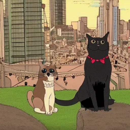 Image similar to an anthropomorphic black cat and pug dog who are in love and holding hands while looking out over a city, Miyazaki, studio ghibli