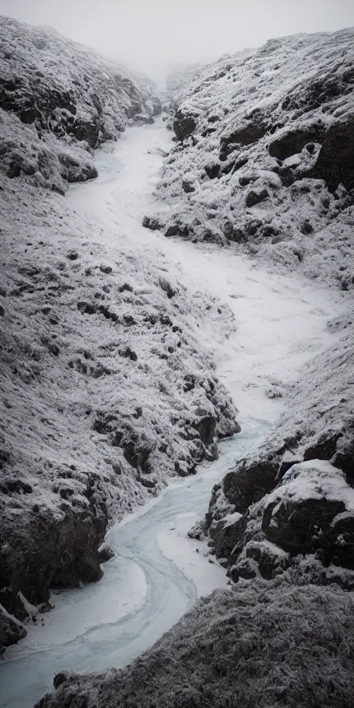 Image similar to dream looking through a hyper realistic photograph of a frozen icy canyon, minimal structure, misty, raining, meditative, timed exposure, icelandic valley, river, in the style of reuben wu, roger deakins