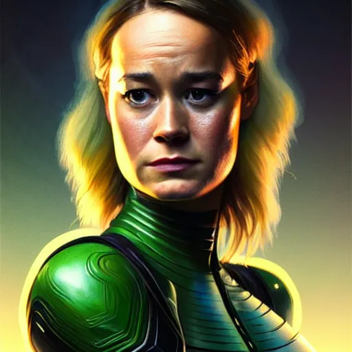 Image similar to portrait painting of brie larson with green skin and pointy ears wearing sci - fi clothes, ultra realistic, concept art, intricate details, eerie, highly detailed, photorealistic, octane render, 8 k, unreal engine. art by artgerm and greg rutkowski and charlie bowater and magali villeneuve and alphonse mucha