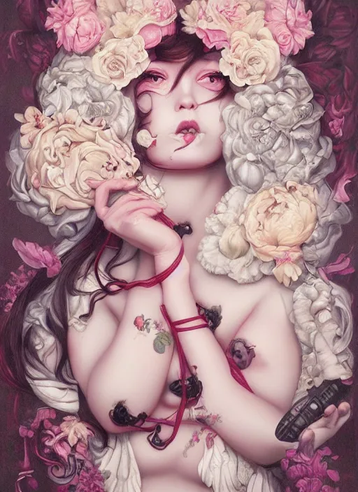 Prompt: pop surrealism, lowbrow art, realistic seductive cute woman painting, long black hair, japanese shibari with flowers, hyper realism, muted colours, rococo, natalie shau, loreta lux, tom bagshaw, mark ryden, trevor brown style,