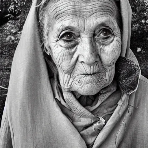 Prompt: portrait of scarry old granny, photorealism, village 1976, bw, high detailed, horror