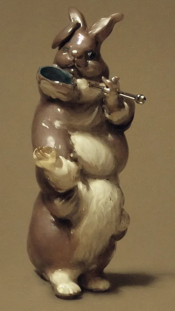 Image similar to a porcelain old rabbit with beard having a japanese kiseru pipe painted by john singer sargent