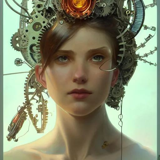 Image similar to portrait of a fairy with mechanical wings, wires and gears and machine, intricate, headshot, highly detailed, digital painting, artstation, concept art, sharp focus, cinematic lighting, illustration, art by artgerm and greg rutkowski, alphonse mucha, cgsociety