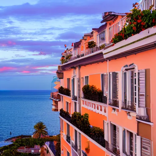 Prompt: a french building. sunset lighting. sea in the background. balconies with flowers and a man