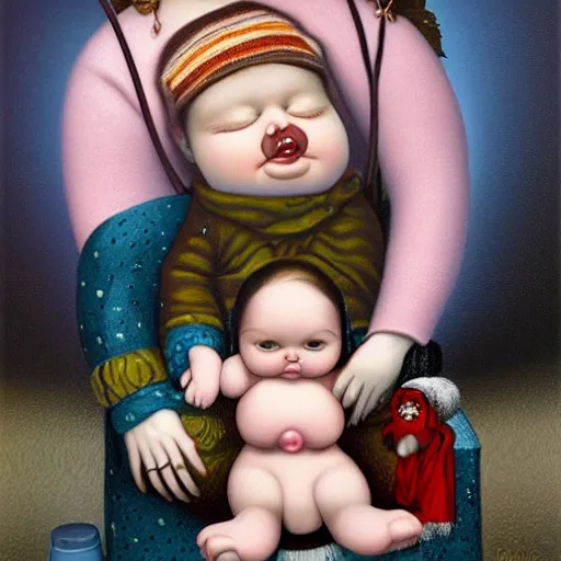 Prompt: there's an infant clinging to his overweight mother in the cold as they go to shop for cigarettes, lowbrow painting by mark ryden