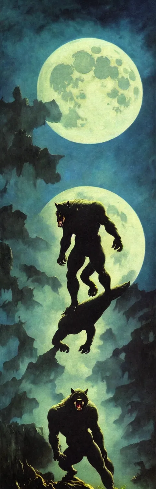 Image similar to by frazetta ,close up of very detailed realistic oversized werewolf , in front of the moon , full body backlight ,top light ,full body portrait ,highly textured oil painting ,jungle ,cyan graveyard with backlight from the moon ,foggy background ,with dramatic sky ,clouds and giant oversized moon and storm