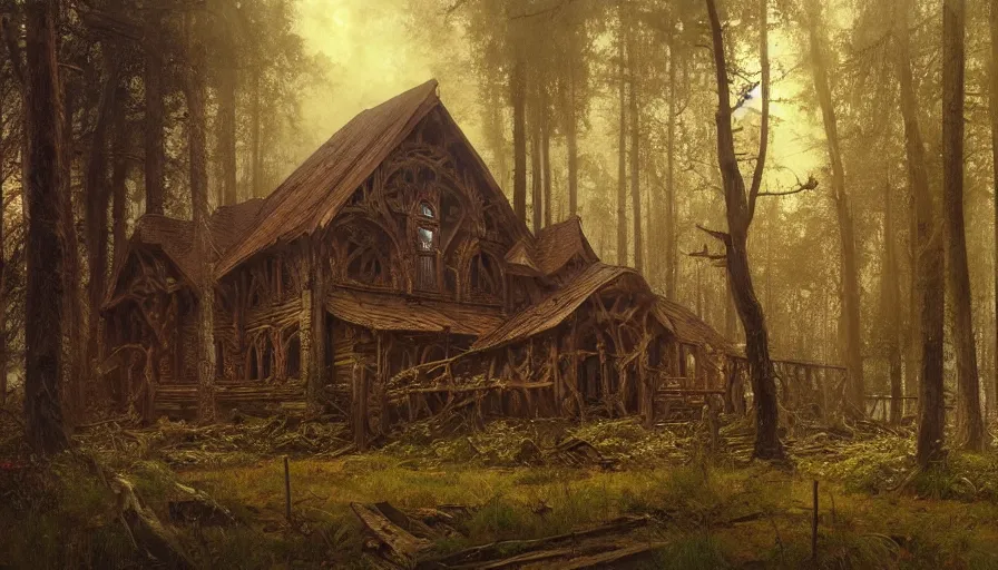 Image similar to a beautiful intricate painting of a abandoned log church in dark evil fantasy forest, reflections, very high details by william turner art, greg rutkowski and alphonse mucha, trending on artstation, very very detailed, masterpiece,