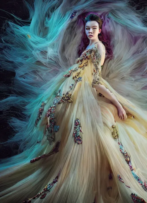 Image similar to expressive full body photo of anya taylor - joy, dress made of sweets, glamour shot, by karol bak, stefan gesell, photorealistic, nikon d 4 x, fashion photography, hyper maximalist, elegant, ornate, luxury, elite, environmental portrait, symmetrical features, octane render, unreal engine, solid dark grey background, dramatic lights