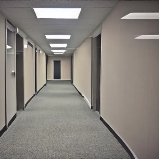 Prompt: an empty office hallway, yellowish photo, craigslist photo