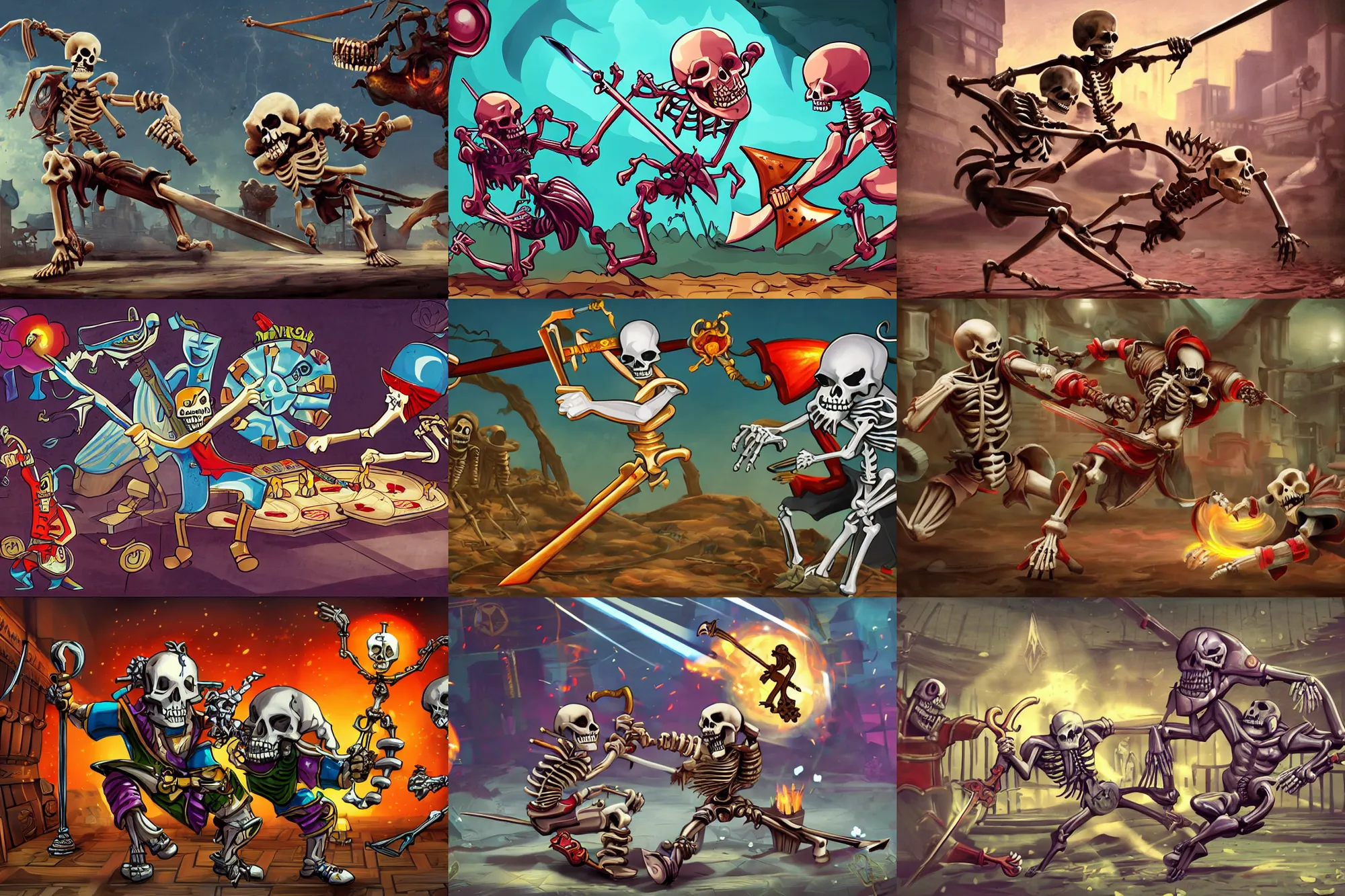 Prompt: a slot machine person with arms and legs, battling a skeleton with a sword. promotional art for a video game
