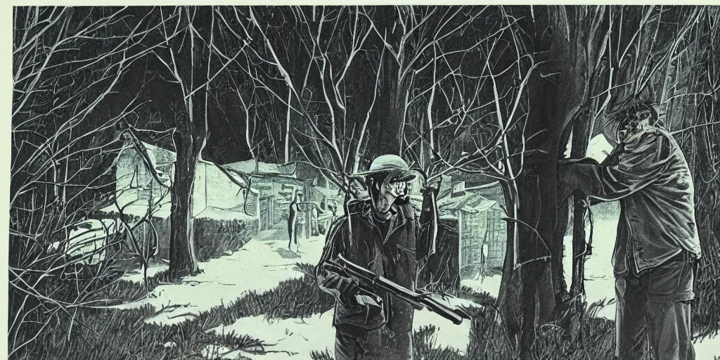 Image similar to film still, illustration, 1 9 8 0 s stephen king thriller, a man with a rifle hiding in a village, japanese illustrator, american rural area,