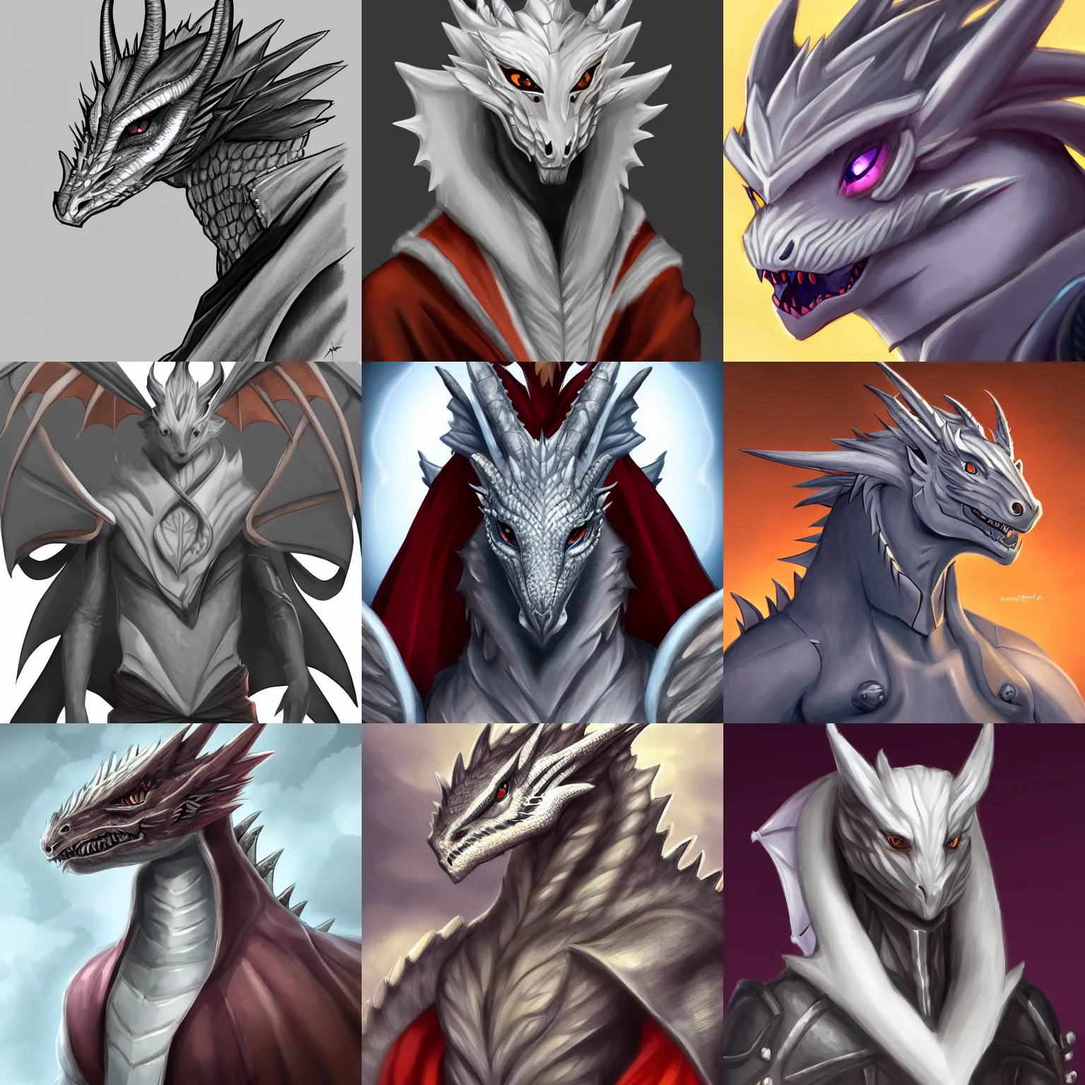 Prompt: very very beautiful half body side angle portrait of a handsome young anthropomorphic silver dragon, soft draconic features, cute eyes, wearing a luxurious silk cloak, commission on furaffinity, artstation, high quality digital art, warm colors