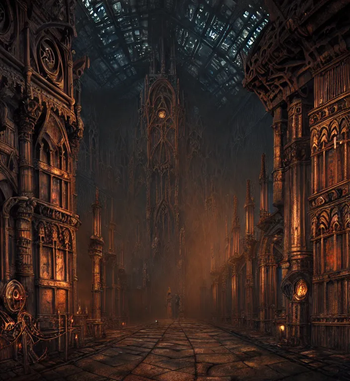 Image similar to steam necropolis, memento mori, gothic, neo - gothic, art nouveau, hyperdetailed copper patina medieval icon, stefan morrell, philippe druillet, ralph mcquarrie, concept art, steampunk, unreal engine, detailed intricate environment, octane render, moody atmospherics, volumetric lighting, ultrasharp, ominous, otherworldly