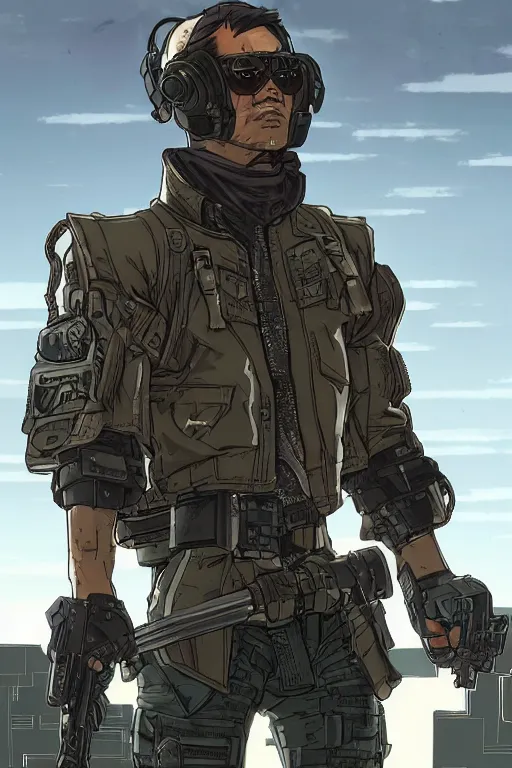 Image similar to Dangerous Hiro. buff Japanese cyberpunk mercenary wearing a cyberpunk tactical headset and military vest. square face. Realistic Proportions. Concept art by James Gurney and Laurie Greasley. Moody Industrial skyline. ArtstationHQ. Creative character design for cyberpunk 2077.