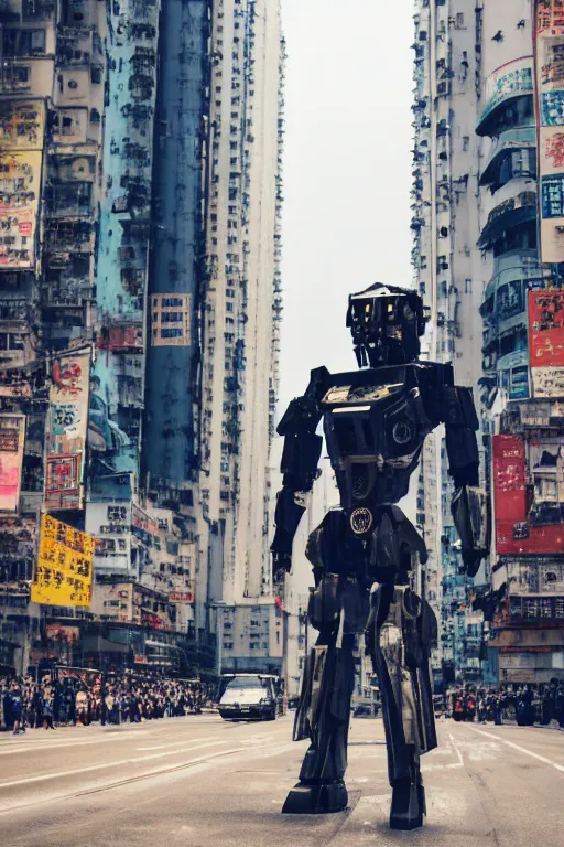 Image similar to portrait cinematography of beautiful young female, clothed in sci-fi military armor, long hair blowing in the wind. Giant mechs in the streets of Hong Kong. by Anita Sadowska