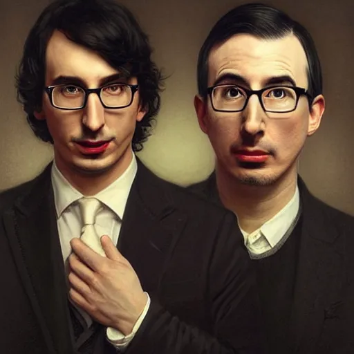 Image similar to painting of both john oliver and adam driver together, john oliver in front, full body, elegant, beautiful, highly detailed, centered, dark, smokey, digital painting, concept art, smooth, sharp focus, illustration, deviant art, art by artgerm, art by greg rutkowski, art by alphonse mucha